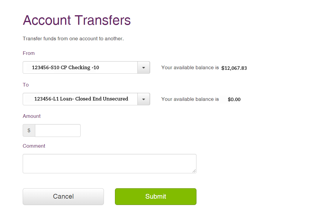 Screenshot of Account Transfers screen within online banking