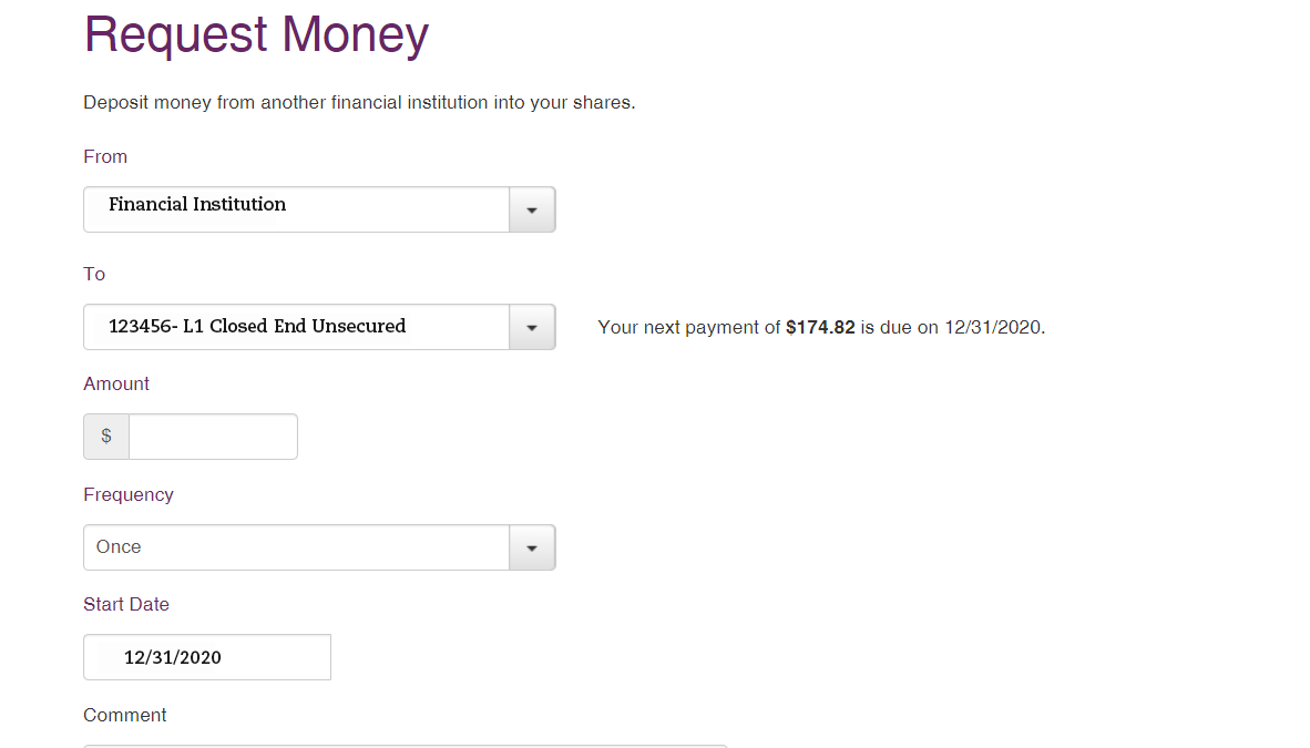 Screenshot of Request Money screen within online banking