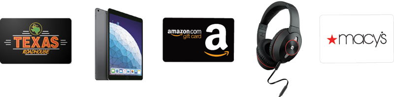 Texas Roadhouse gift card, Apple iPad, Amazon Gift Card, headphones, Macy's gift card