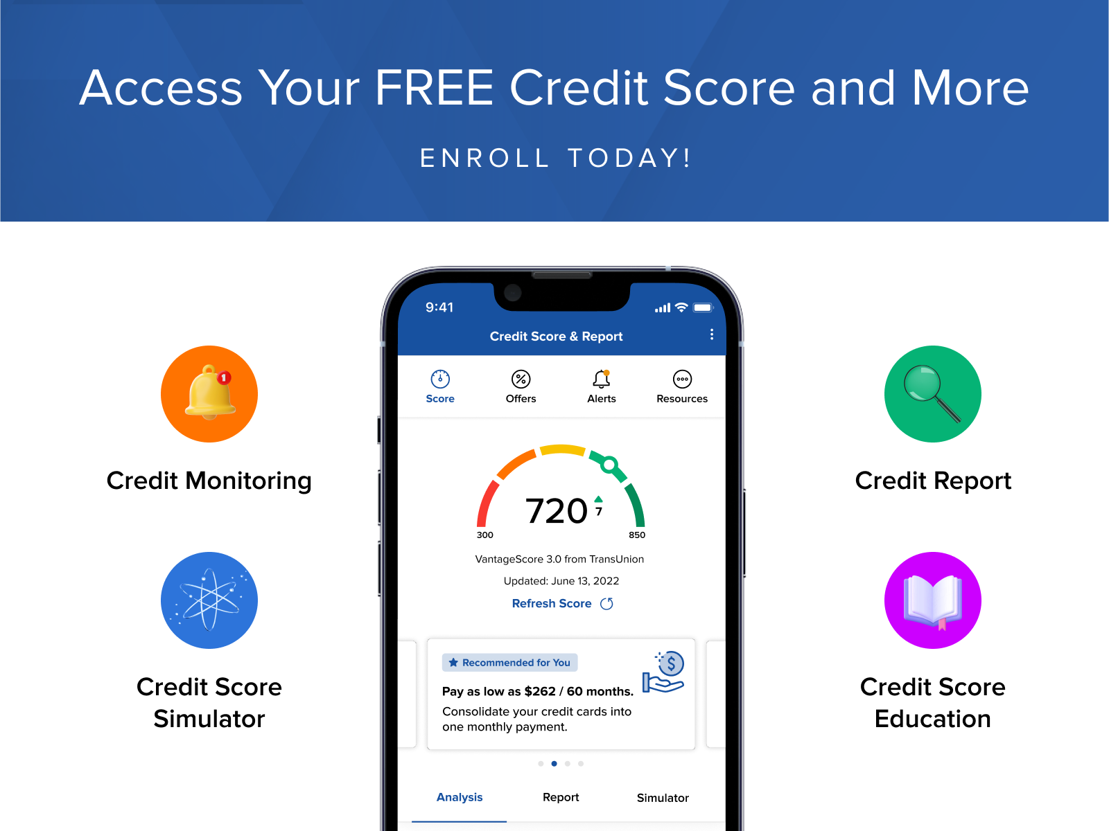 What is your credit score. Enroll today for credit monitoring, credit score simulator, credit score education, and a free credit report